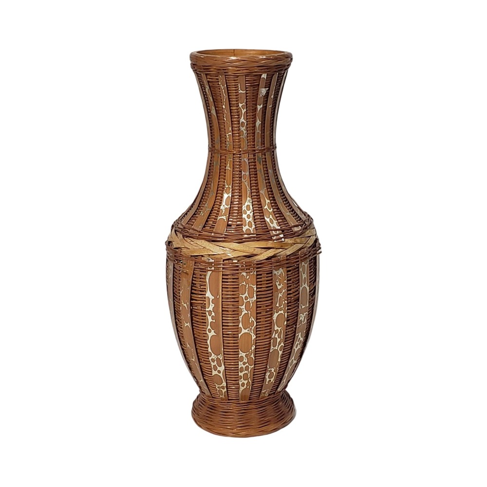 Garden Path Designs Woven Bamboo Rattan Vase Silver Leopard Print Accent 10 Inch